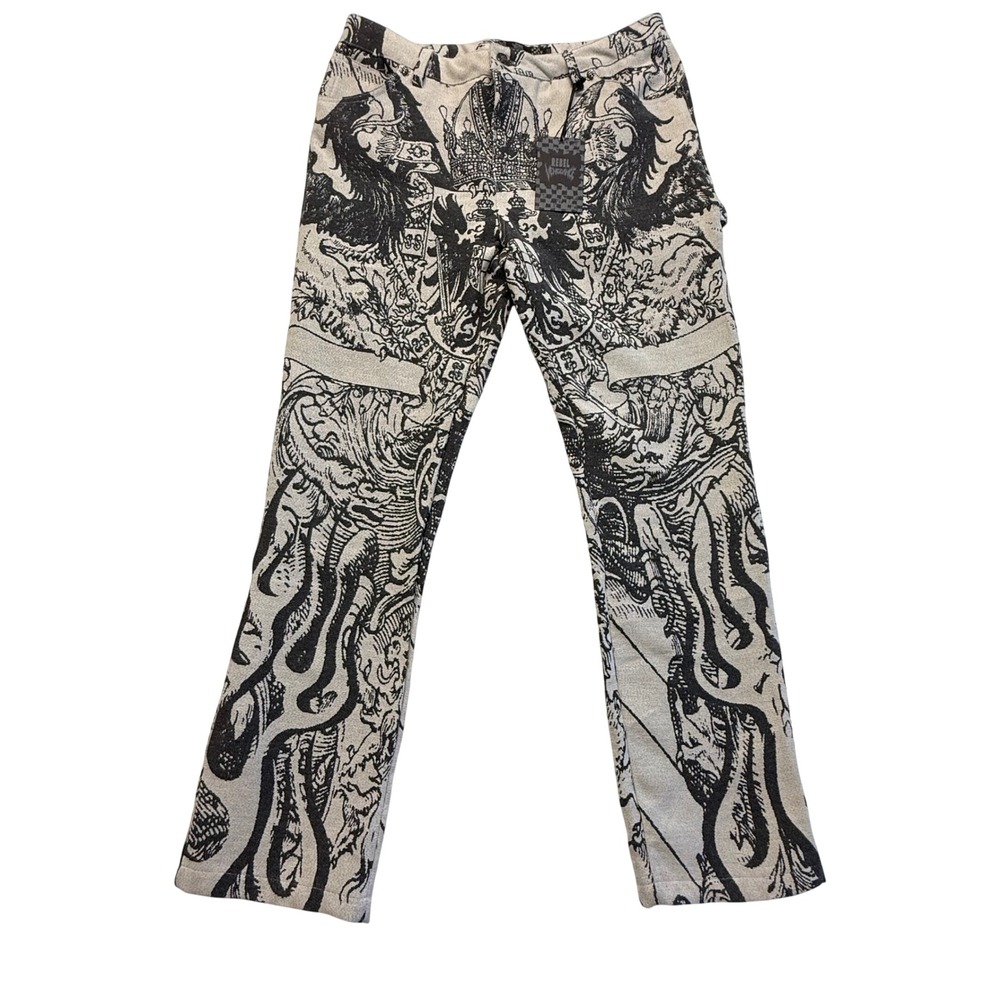 Rebel Vengeance Men 34 Black White Woven Tapestry Heraldic Graphic Pants NEW